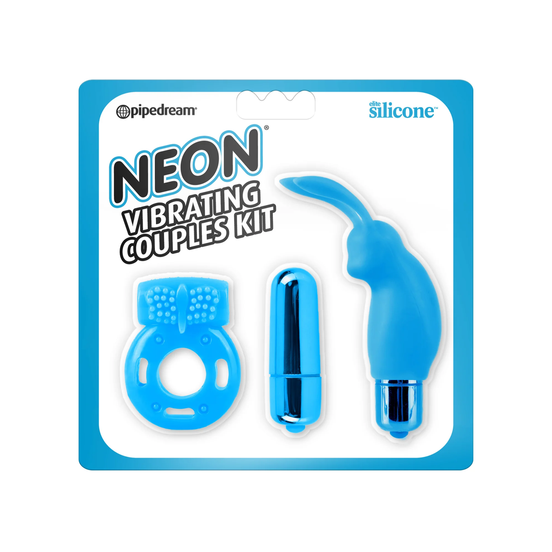 blue Neon Silicone Vibrating Couples 3 Piece Kit from Pipedream  as seen inside of packaging 