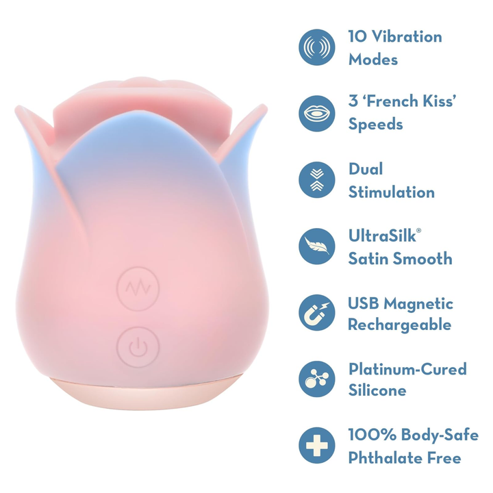 10 vibration modes, 3 french kiss speeds, dual stimulation, ultrasilk stain smooth, USB magnetic rechargeable, platinum-cured silicone, 100 percent body-safe phthalate free Blush collection Kissing Rose Rechargeable Silicone Clitoral Stimulator
