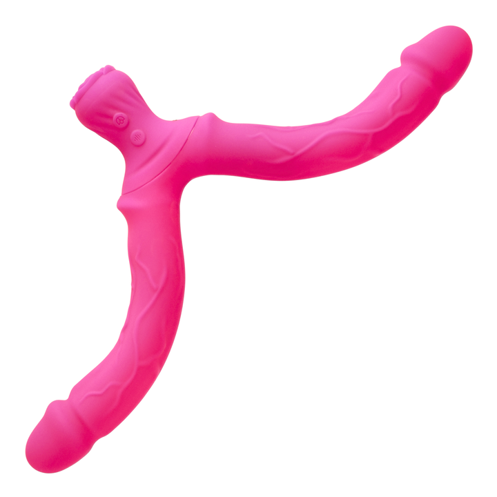 Bendy Silicone Double Dildo Vibrator with Clit Teaser spread apart 