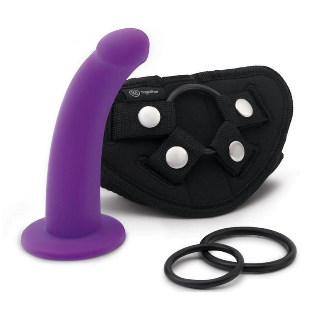 contents of Together Toys TILT Vibrating 6.5 Inch Dildo and Harness Set