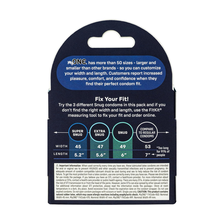 backside of My ONE Snug Condoms Sampler 3-Pack packaging 