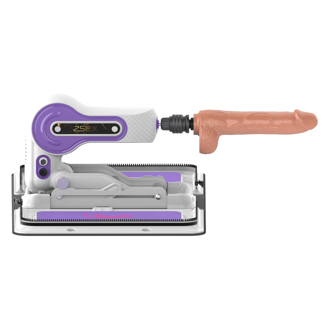 side view of Sex Machine with handles removed and dildo attached 