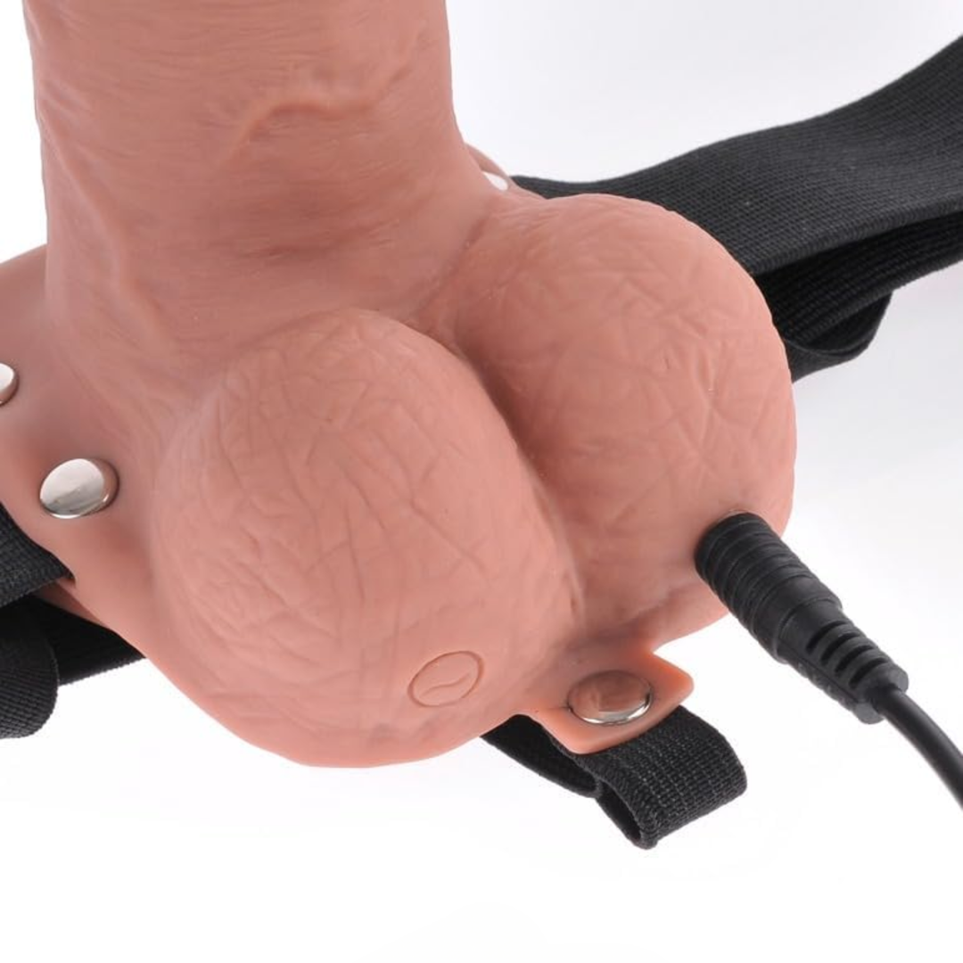 Fetish Fantasy Series Rechargeable Hollow Strap-On Dildo with Balls and Harness with Remote Control 7in charger attached 