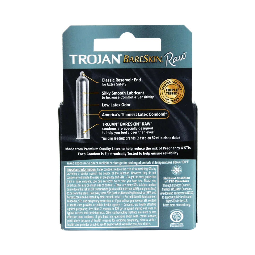 backside of Trojan Bareskin Raw Lubricated Latex Condoms 3-Pack packaging 