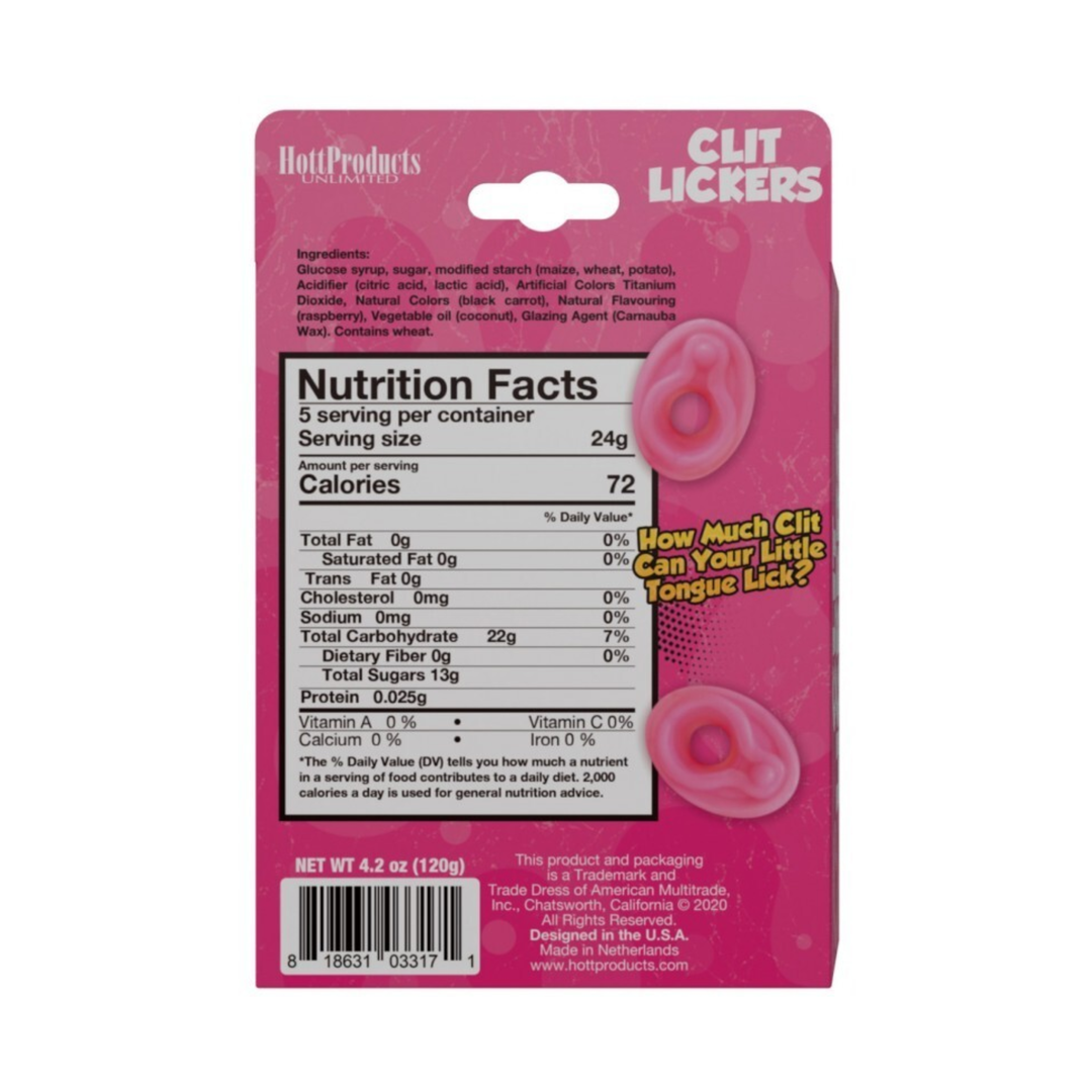 backside of Clit Lickers Clit Shaped Gummies packaging 