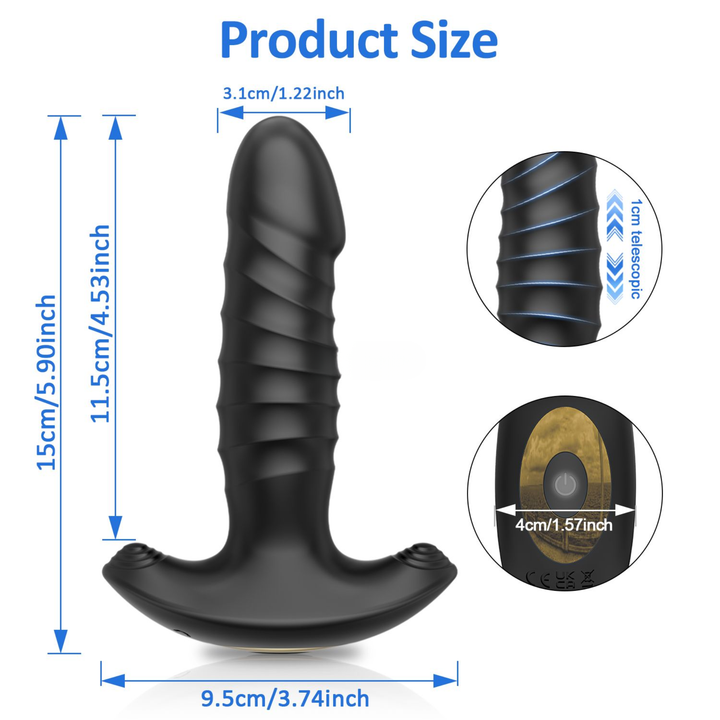 product size dimensions for thrusting butt plug for both men and women 