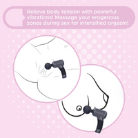 2 illustrations of the black body massager showing it massaging a clit and showing it massaging nipples. Relieve body tension with powerful vibrations! Massage your erogenous zones during sex for intensified orgasm! 