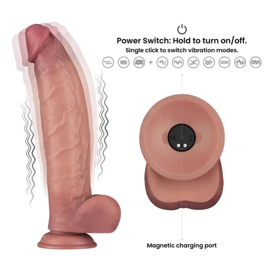 power switch hold to turn off and on. single click to switch vibration modes., magnetic charging port. ,12 inch Vibrating Dual Density Power Cock by LoveToy 