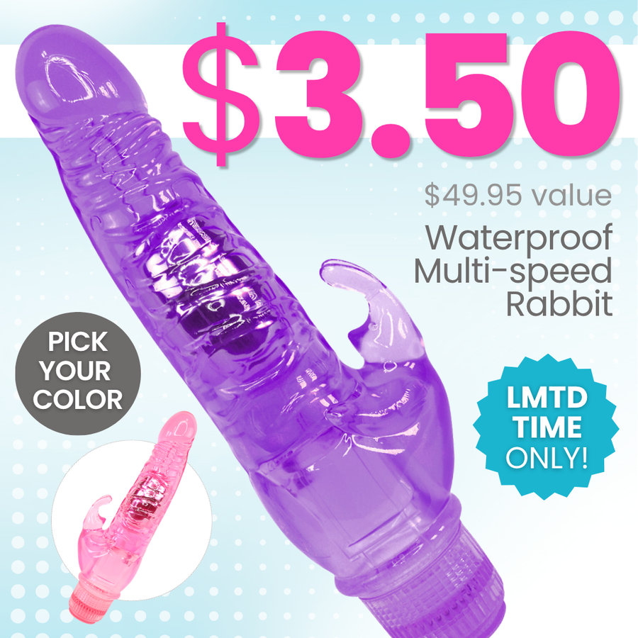 A translucent purple rabbit-style dildo shown on a light blue and white graphic background with large pink text reading '$3.50', smaller text about value and waterproof multi-speed rabbit function, a circular 'PICK YOUR COLOR' callout showing a pink version, and a blue 'LMTD TIME ONLY!' badge.
