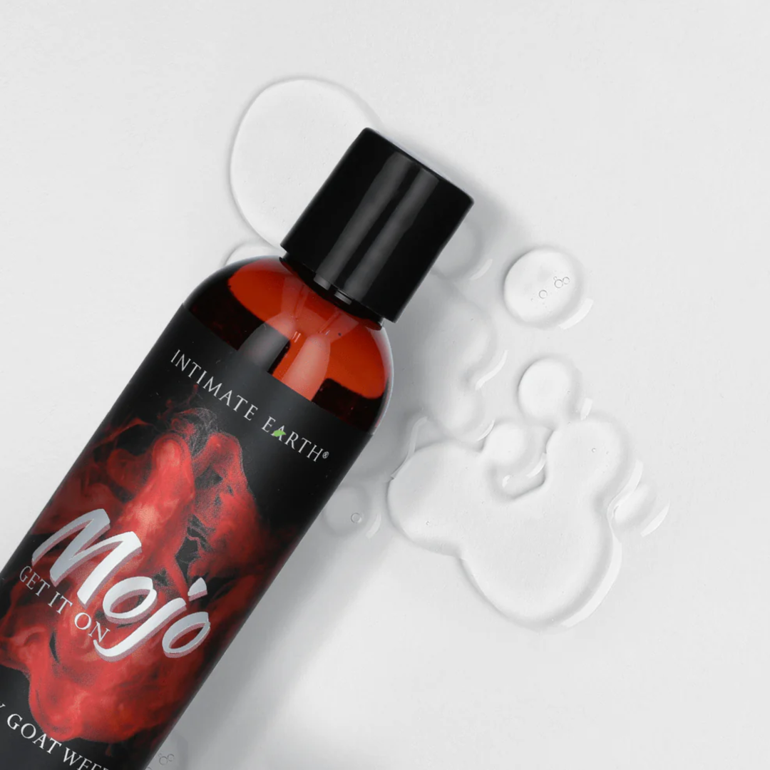 close up of lube droplets from MOJO Horny Goat Weed Libido Warming Glide Lubricant 4oz