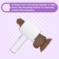 The thrusting machine with a dildo going through it to show an example of its use. Choose from 3 thrusting speeds or hold down the thrusting button to manually control the intensity!