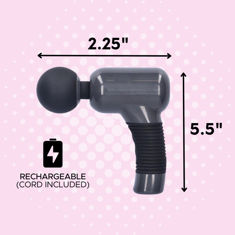 Side view of the black massager showing its dimensions. It is 2.25" in diameter and 5.5" in length. It is rechargeable with the cord included.