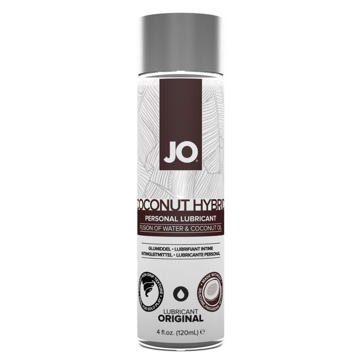 frontside of JO Coconut Hybrid Original Silicone Free Personal Lubricant Water and Coconut Oil 4oz

