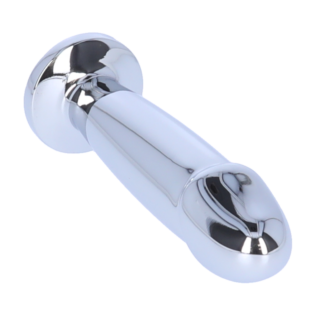 view of bulbous tip from Penis Shape Metal Anal Plug Dildo With Jewel