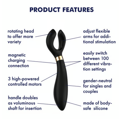 Product features: rotating head to offer more variety, magnetic charging connection, 3 high-power controlled motors, handle doubles as voluminous shaft for insertion, adjust flexible arms for additional stimulation, easily switch between 100 different vibration settings, gender-neutral for singles and couples, made of body-safe silicone