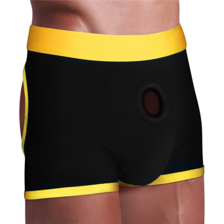 frontside of INGEN Horny Strap-on Shorts as seen on a model 