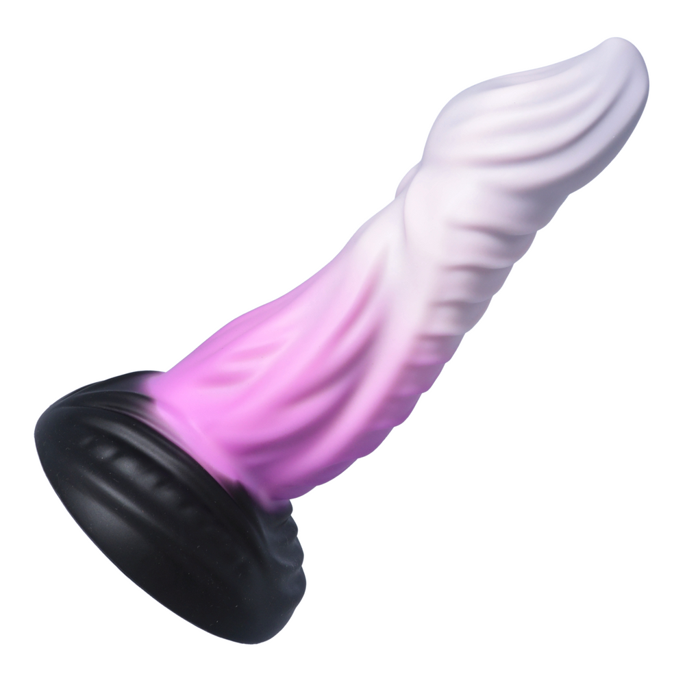 view of bumps and ridges from black and purple alien penis dildo 