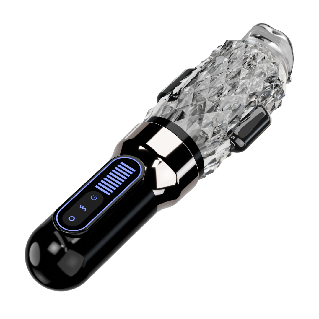 angled view from handle automatic male masturbator stroker that rotates, thrusts, vibrates and licks