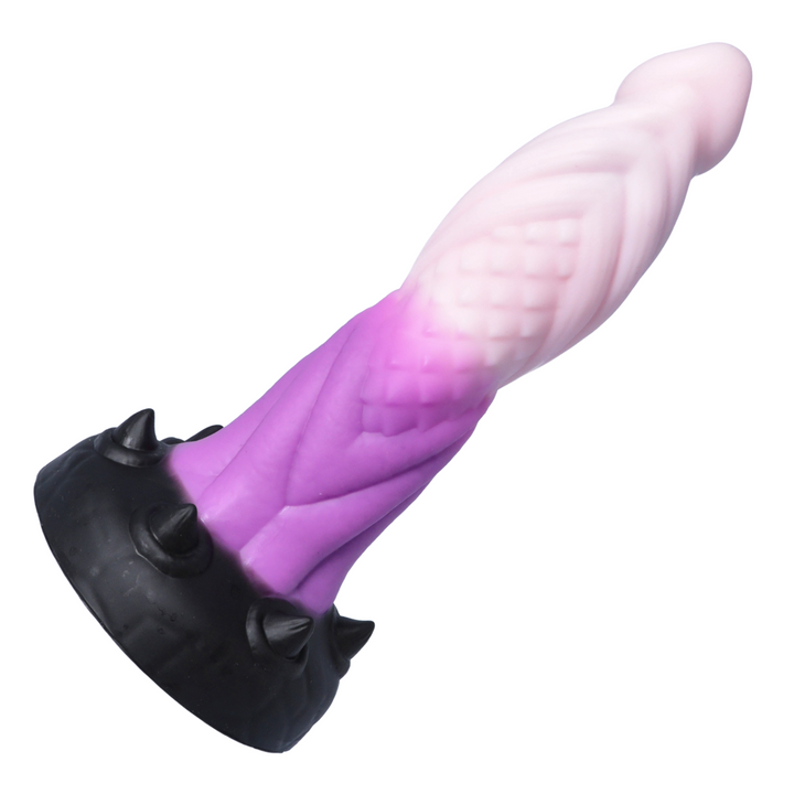 underside of medium pink and purple alien penis dildo 