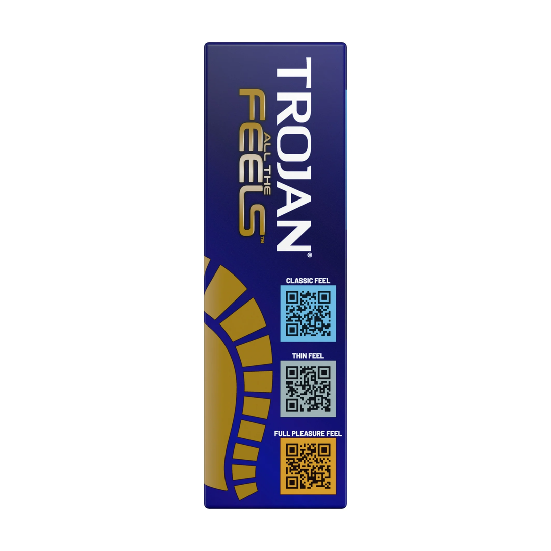 side of Trojan All The Feels Latex Condoms 10 Pack with QR codes