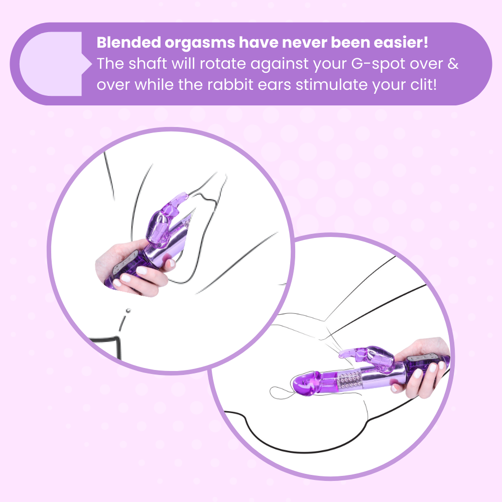 Blended orgasms have never been easier! The shaft will rotate against your G-spot over & over while the rabbit ears stimulate your clit!