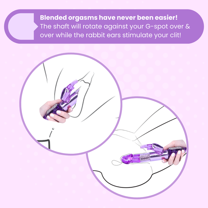 Blended orgasms have never been easier! The shaft will rotate against your G-spot over & over while the rabbit ears stimulate your clit!