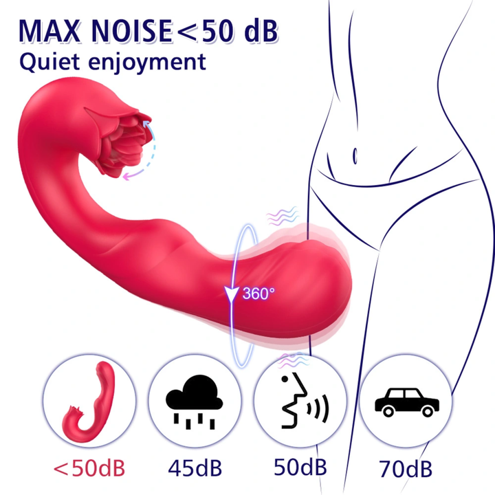 max noise less then 50 decibels Twirling Tongue Tease Silicone Rotating G-Spot Vibe and Clit Licking Rose