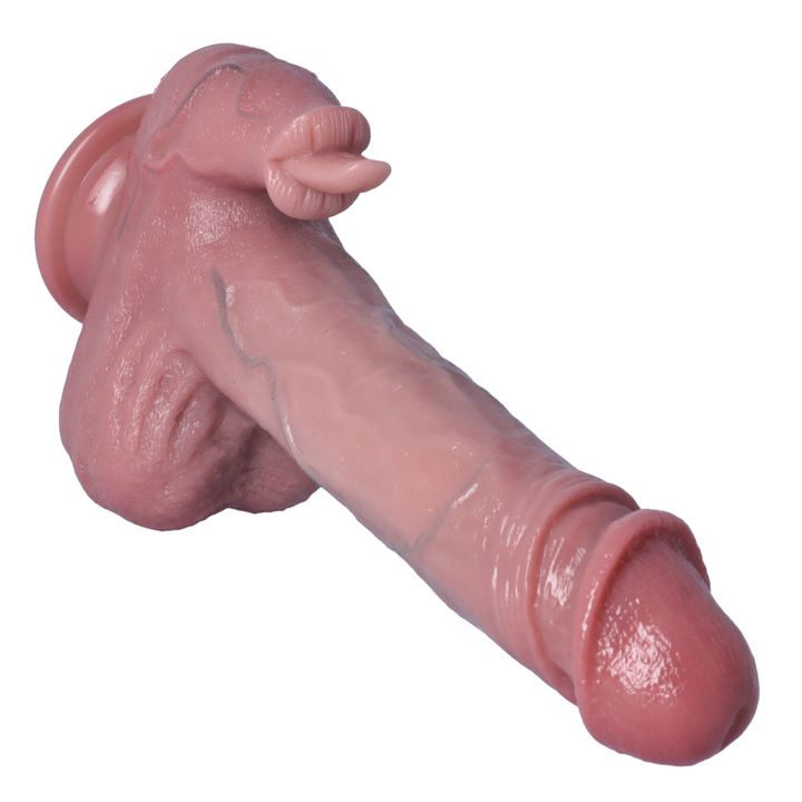 angled side view of Perfect Partner Warming, Thrusting, Vibrating, & Licking Dildo