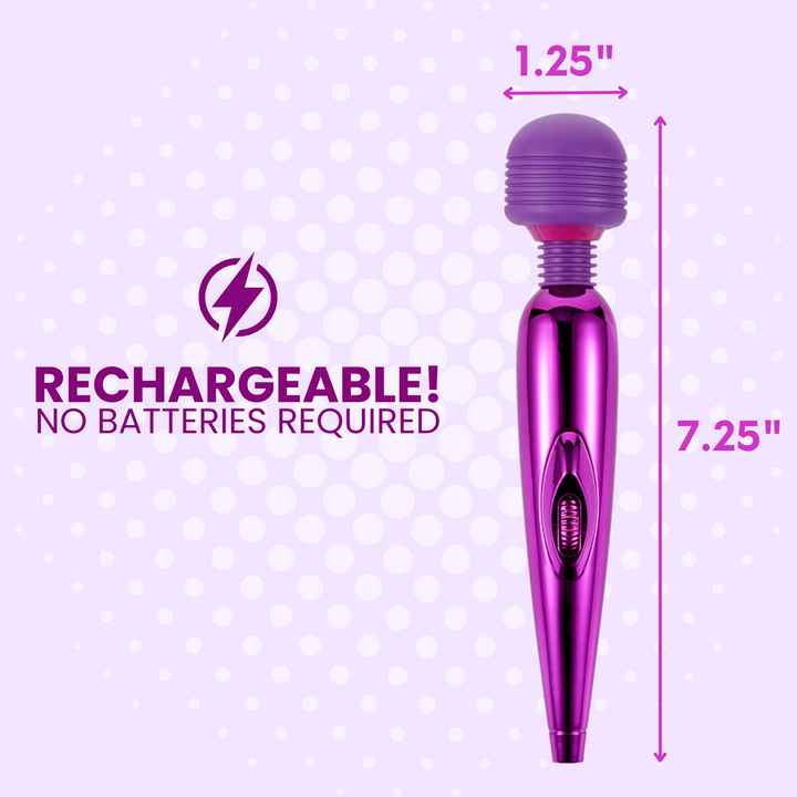 1.25 inches wide, 7.25 inches long. Rechargeable, no batteries required
