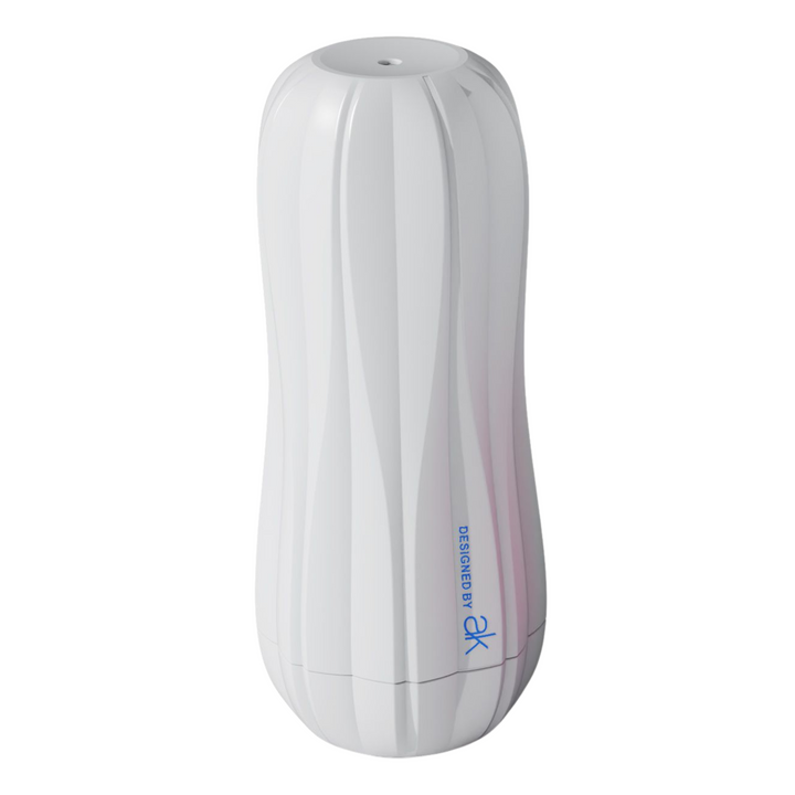angled view of designed by ak white male flower masturbator with air hole to control suction 