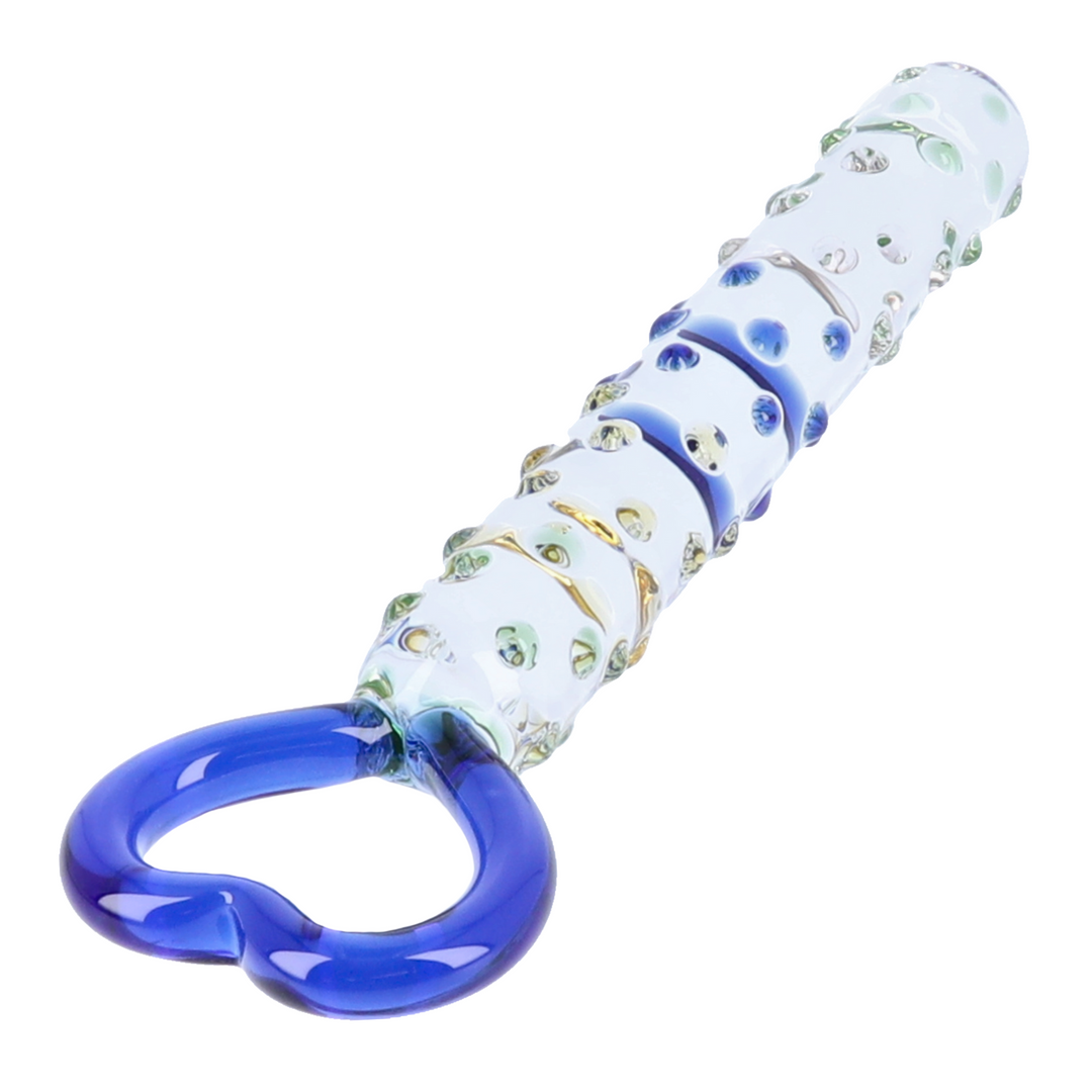 angled view of heart shaped handle from Crystal Glass Dildo With Heart Handle 