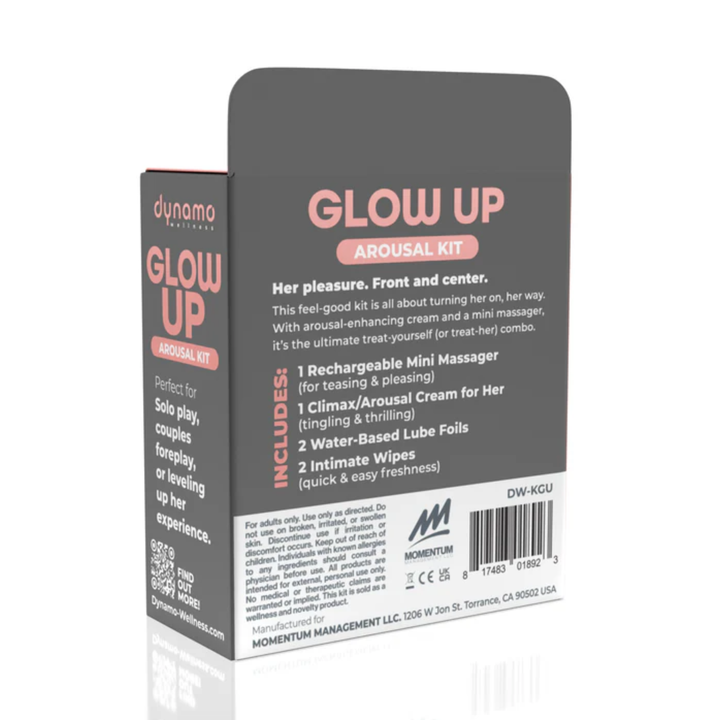 backside of Dynamo Wellness Glow Up Arousal Kit packaging 