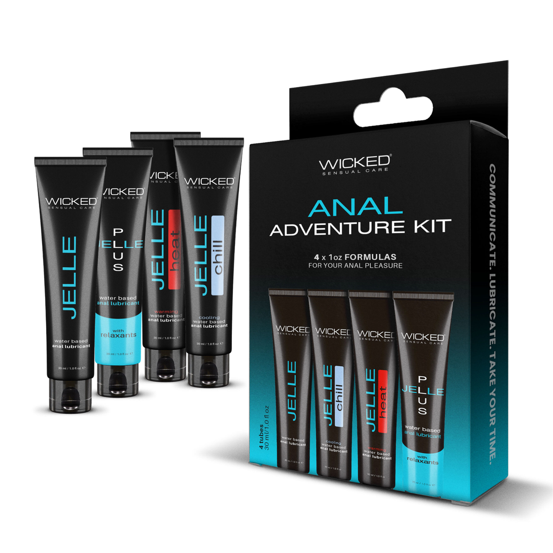 lubes from Wicked Anal Adventure Kit seen next to packaging 