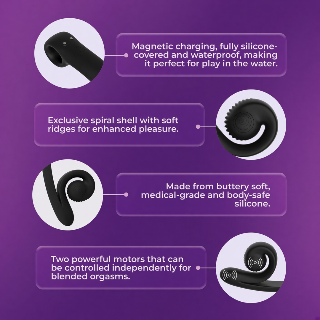close ups of product features SVibe Snail CURVE Rechargeable Silicone Vibrator with Clitoral Stimulator