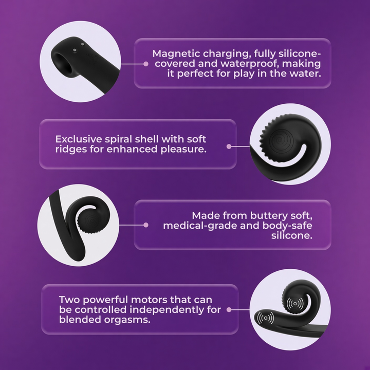 close ups of product features SVibe Snail CURVE Rechargeable Silicone Vibrator with Clitoral Stimulator