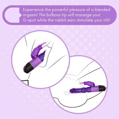 2 illustrations showing the purple dual-action rabbit inserted into a vagina. Experience the powerful pleasure of a blended orgasm! The bulbous tip will massage your G-spot while the rabbit ears stimulate your clit!