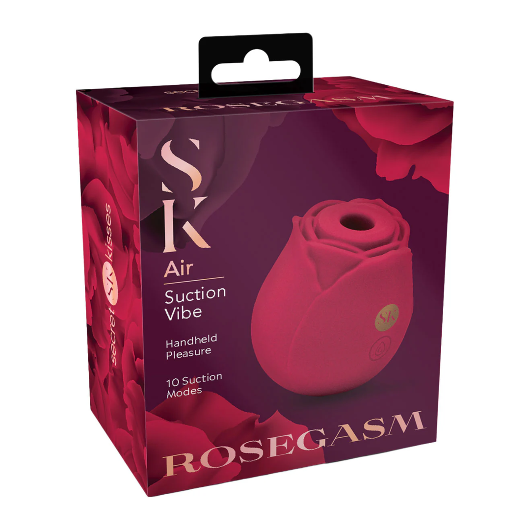 Secret Kisses Rosegasm Air Rechargeable Silicone Clitoral Stimulator as seen inside of packaging 