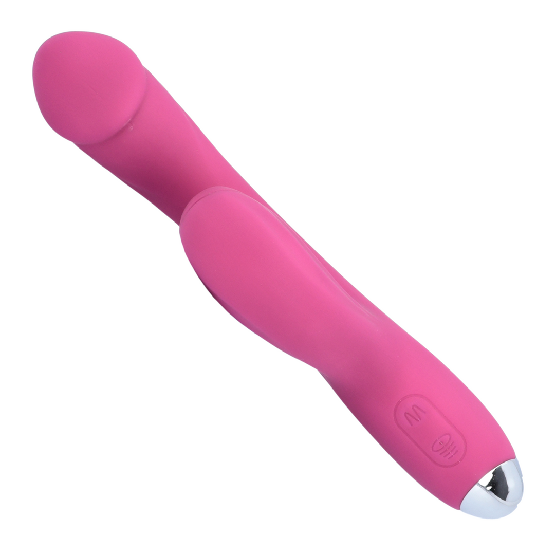 centered top view of rabbit vibrator with control buttons and silver bottom 
