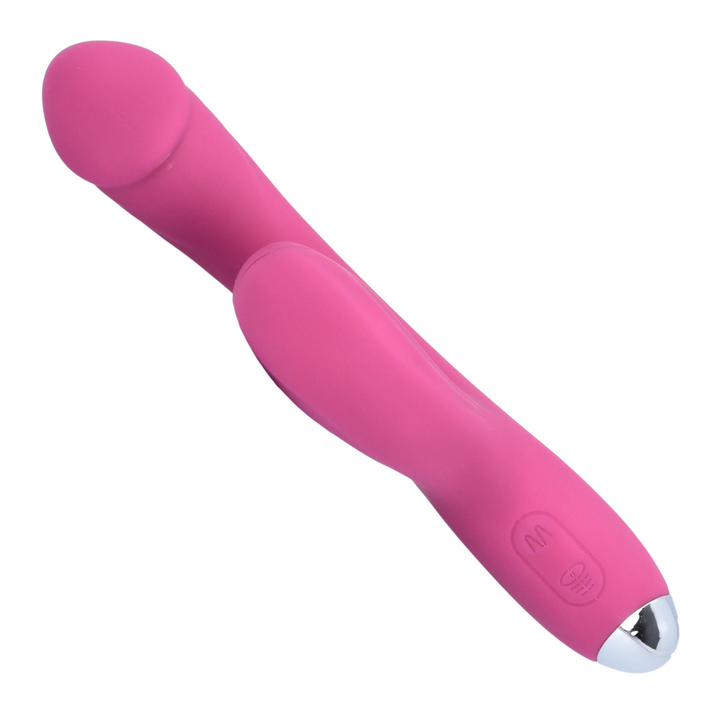 centered top view of rabbit vibrator with control buttons and silver bottom 