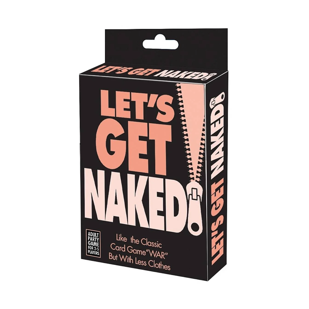 angled view of Let's Get Naked Card Game packaging frontside 