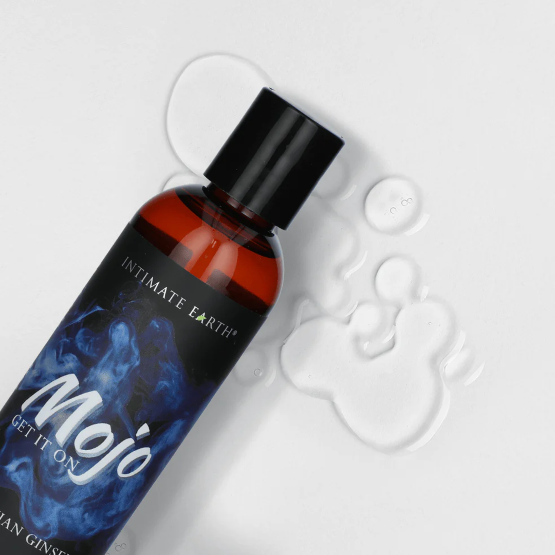close up of lube droplets from MOJO Peruvian Ginseng Water Based Performance Glide Lubricant