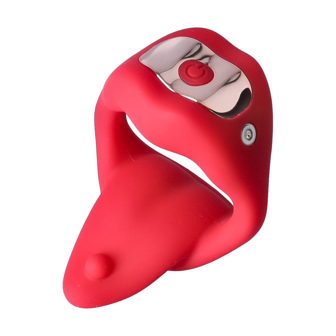 angled side view from top of Vibrating Mouth Cock Ring view of charging port 