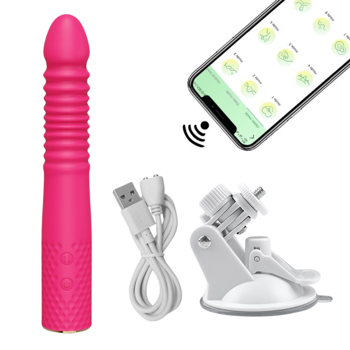 Thrusting and Vibrating Suction Cup Dildo next to phone with settings and suction cup base and charger 