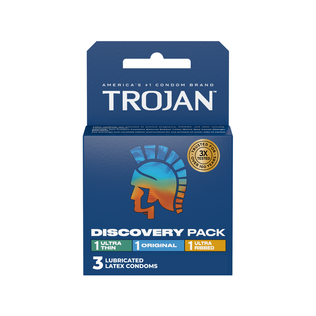 frontside of Trojan Assorted Condoms Discovery Pack 3 pack 
