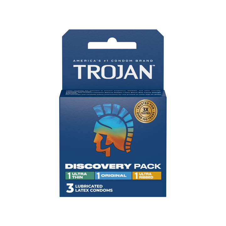 frontside of Trojan Assorted Condoms Discovery Pack 3 pack 