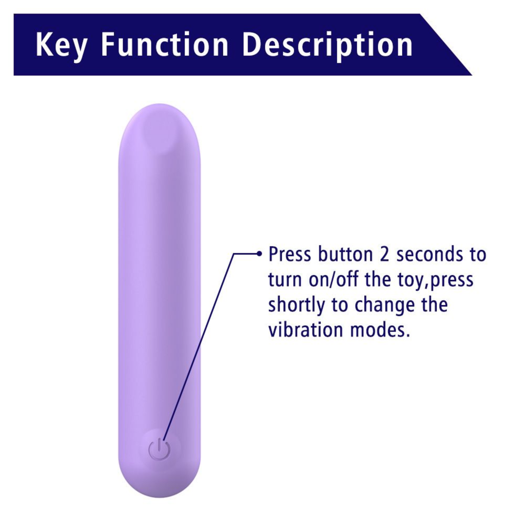 key function description. Press button 2 seconds to turn on/off the toy, press shortly to change the vibration modes. 