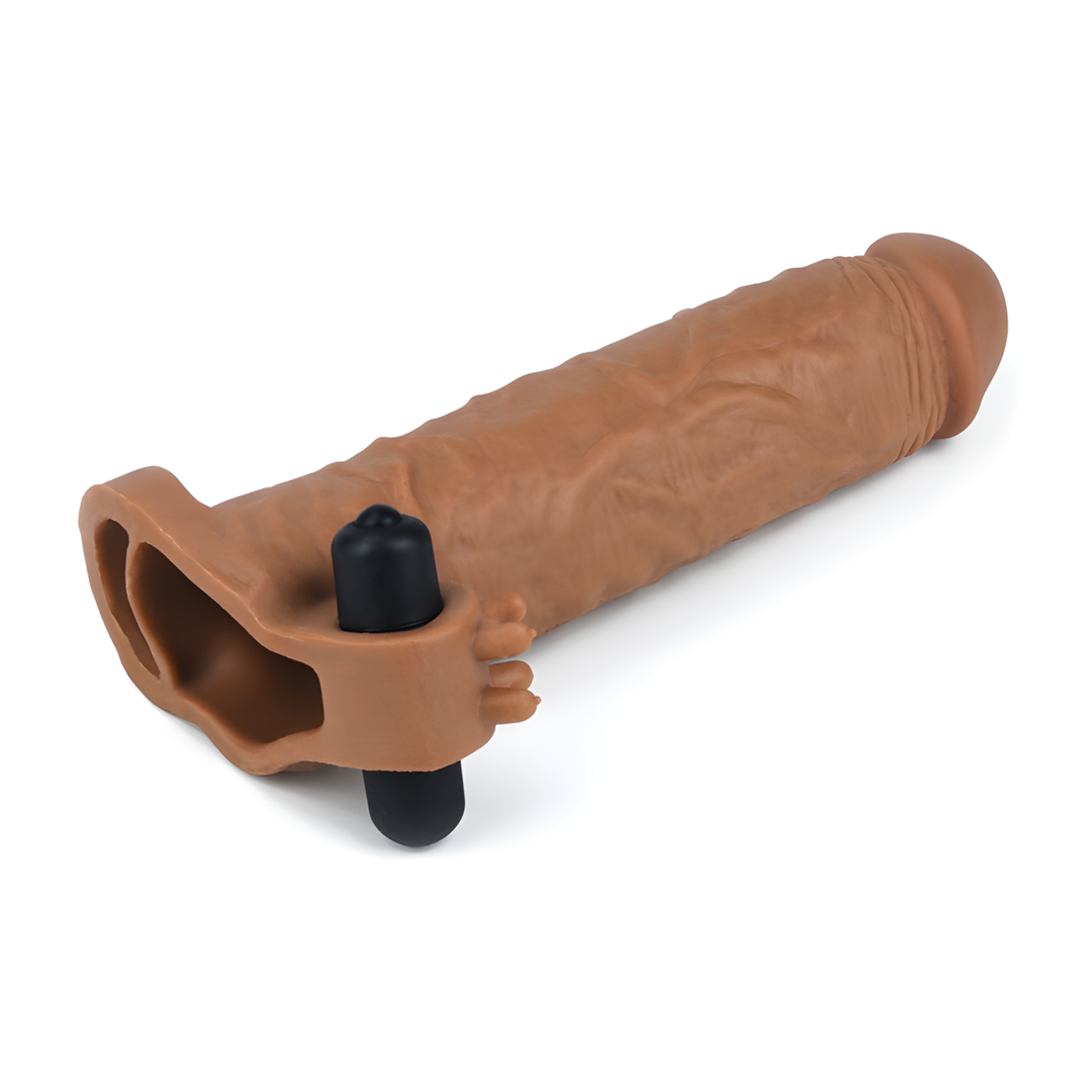 brown Vibrating Penis Extension as seen laying on side 