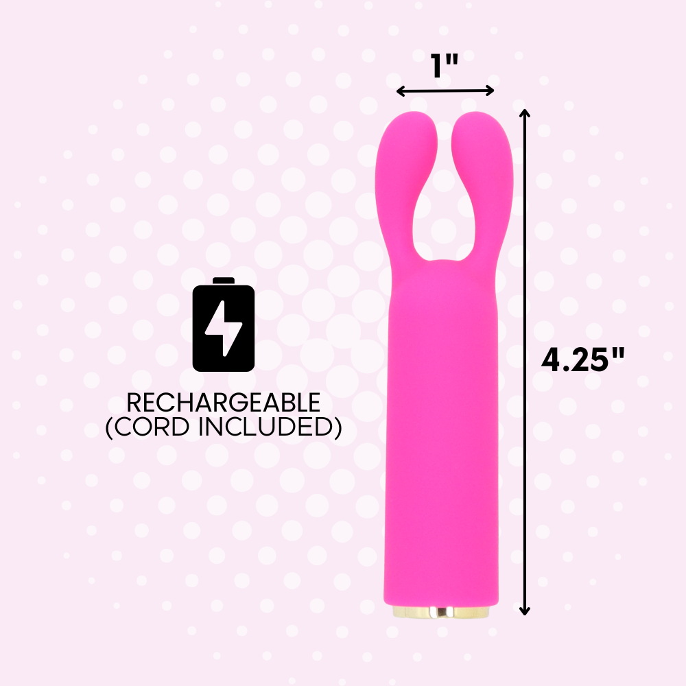 Pink rechargeable device with dimensions and battery icon on a polka dot background