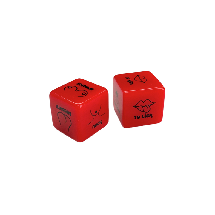 A pair of red foreplay dice with body parts on one die and directions on the other. This image shows bottom, neck, and breasts on one die and "to lick” and "to kiss" on the other die.