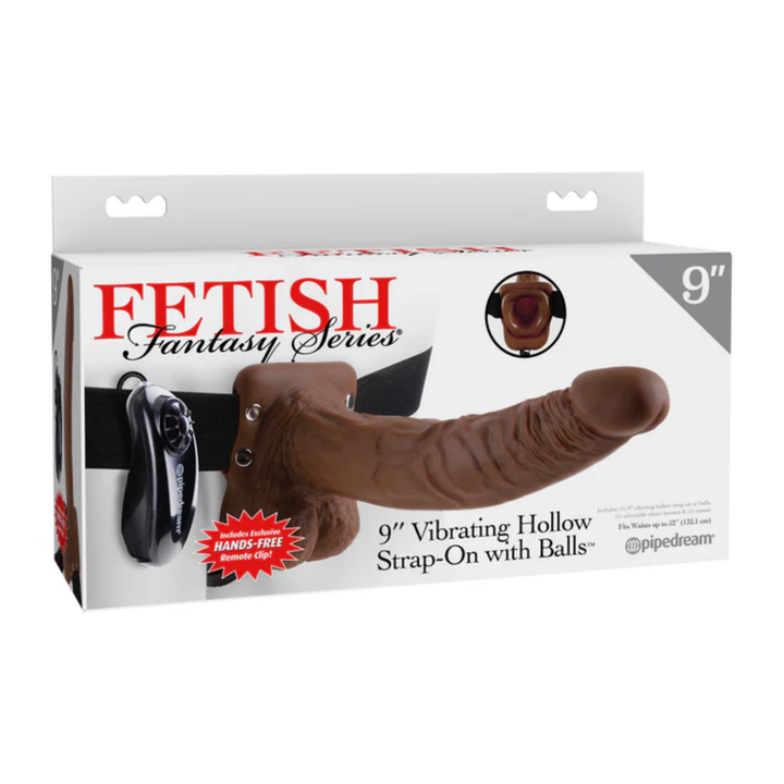 brown Fetish Fantasy 9 inch Vibrating Hollow Strap-On With Balls as seen inside of packaging